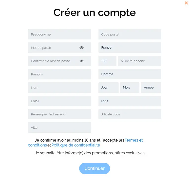 Processus d'inscription Slotexo Casino